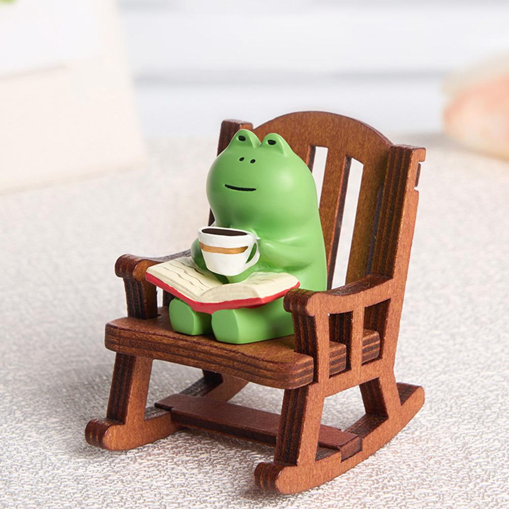 Handmade DIY Micro Rocking Chair Rocking Chair Design with Book Coffee Cute Frog Fat Miniature Home Bedroom Office Decoration