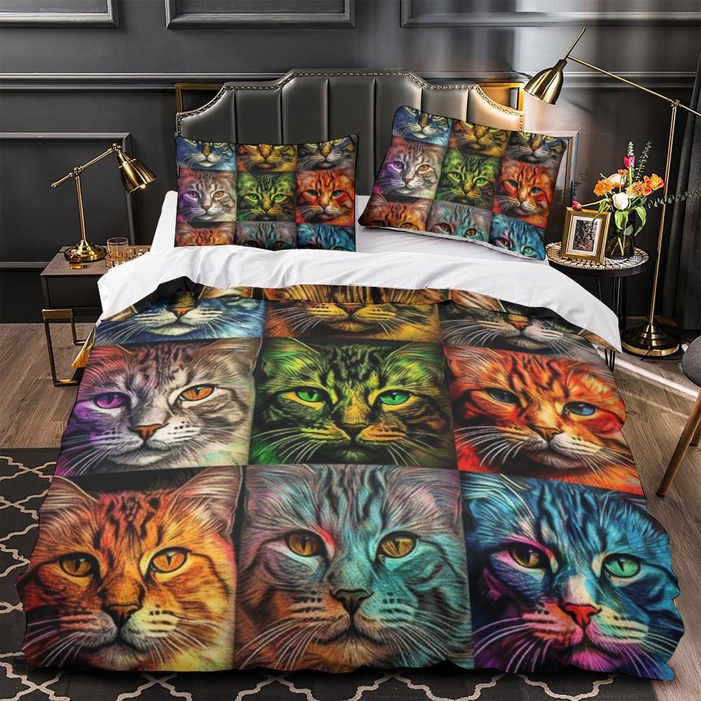 3D Digital Printing Color Cat Series Quilt Cover Pillowcase Two Or Three-Piece Set Polyester Abraded