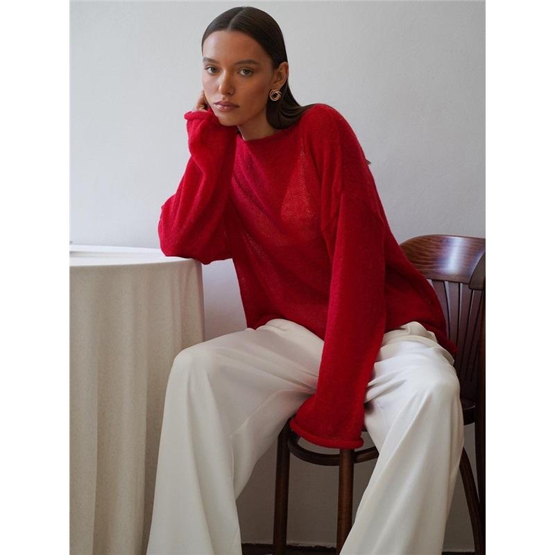 2025 Spring Summer Hollow Knit Sweater For Women Soft Loose Knit Long Sleeve Top European American Style Knitted Sweater Women's Fashion Casual Wear