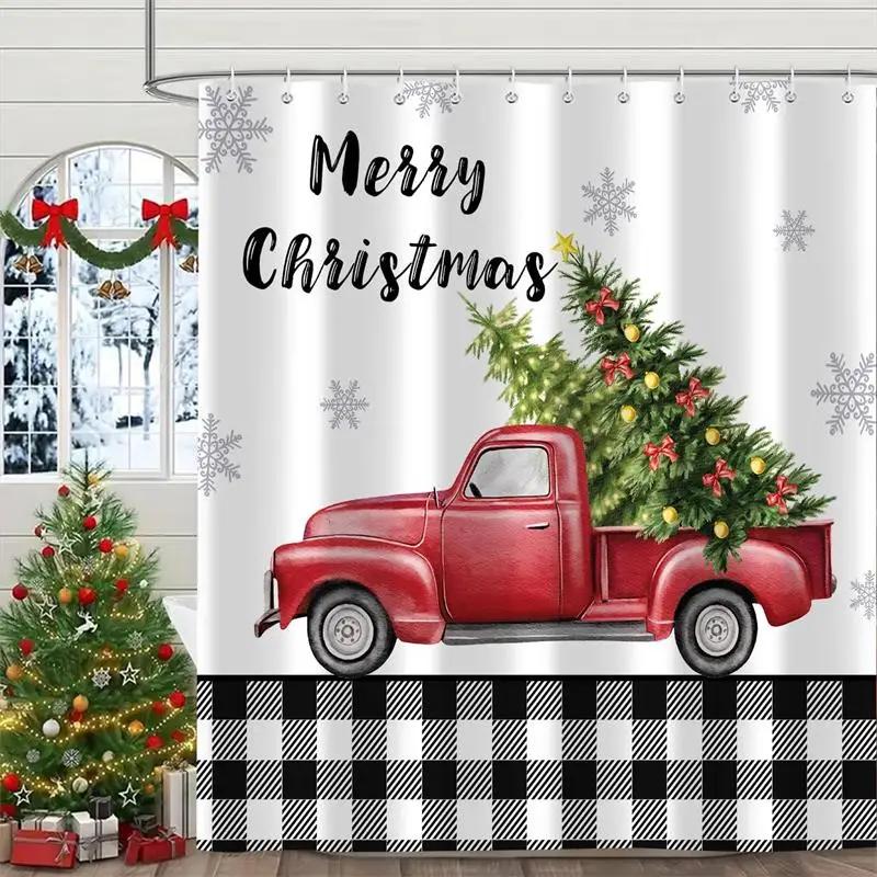 Christmas Shower Curtains Cute Elf Santa Claus Snowman Red Bird Xmas Tree Winter New Year Home Bathroom Curtain Decor With Hooks