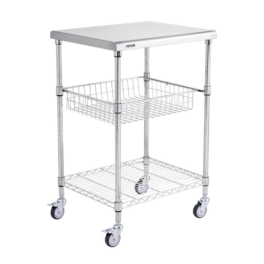 Kitchen Utility Cart, 3 Tiers, Wire Rolling Cart with 470LBS Capacity, Steel Service Cart On Wheels, Metal Storage Trolley with 76mm Basket Curved