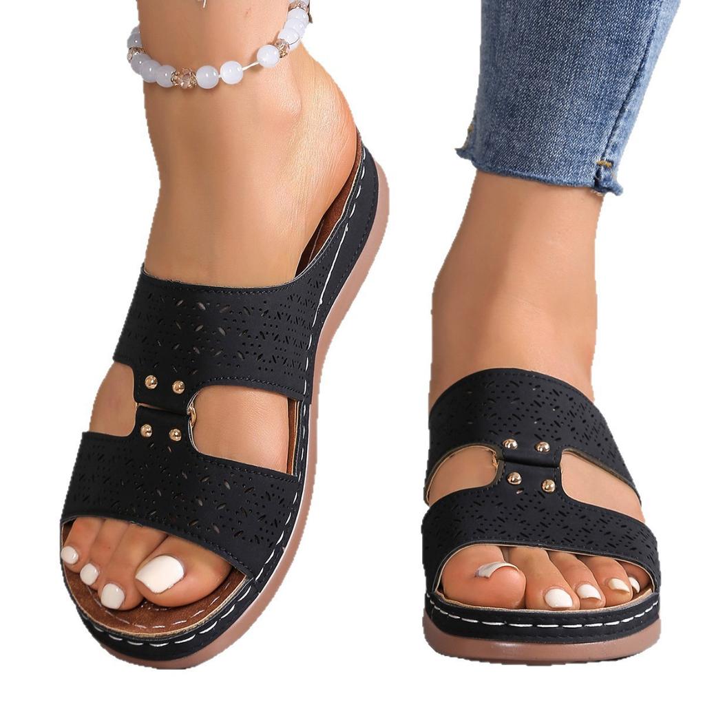 2025 summer new Amazon foreign trade women's shoes hollow rhinestone sandals wedge heel large size women's slippers