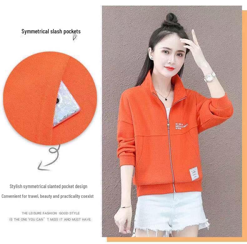 Women's Stand-Up Collar Hoodie Jacket: 250g Large Fish Scales, Loose Plus Size, Slimming, Versatile, Casual Outer for Spring and Autumn.