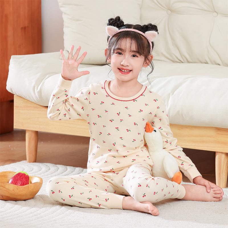 Pure Cotton Flannel Autumn/Winter Girls' Round Neck Underwear Set