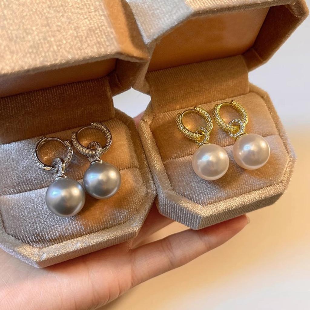 Elegant Paved Zircon Hoop Earrings with Pearl Dangle