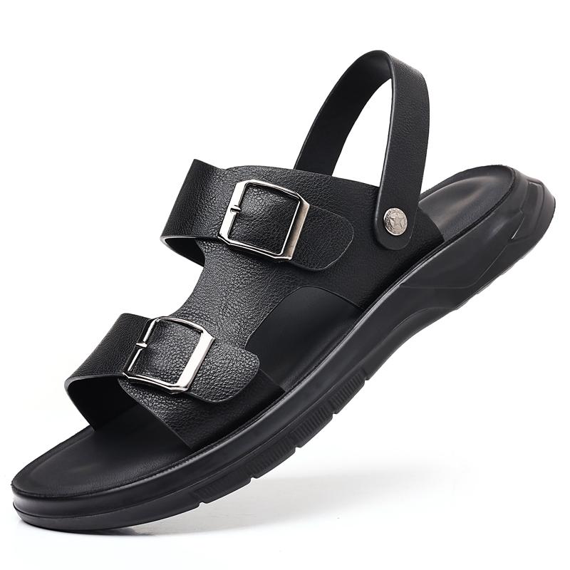 Casual Fashion Men Shoes Slip-On Leather Soft Non-slip Beach Summer Double Buckle Sandals Slippers Flats Flip Flop Walking Shoes