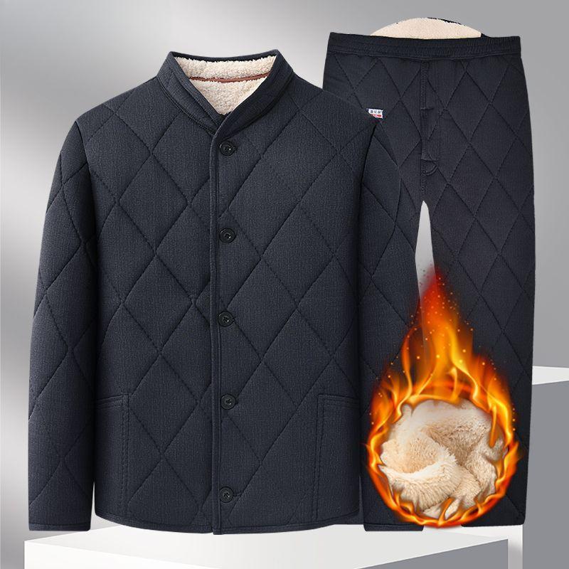 Men's Plus Velvet Padded Jacket Suit Winter Thickened Padded Jacket Dad Plus Velvet Thermal Underwear Padded Jacket Suit