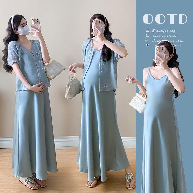 2026 Spring/Summer Sequin Embroidered Short Skirt & Adjustable Strap Loose Satin Maternity Dress in New Chinese Style XL
