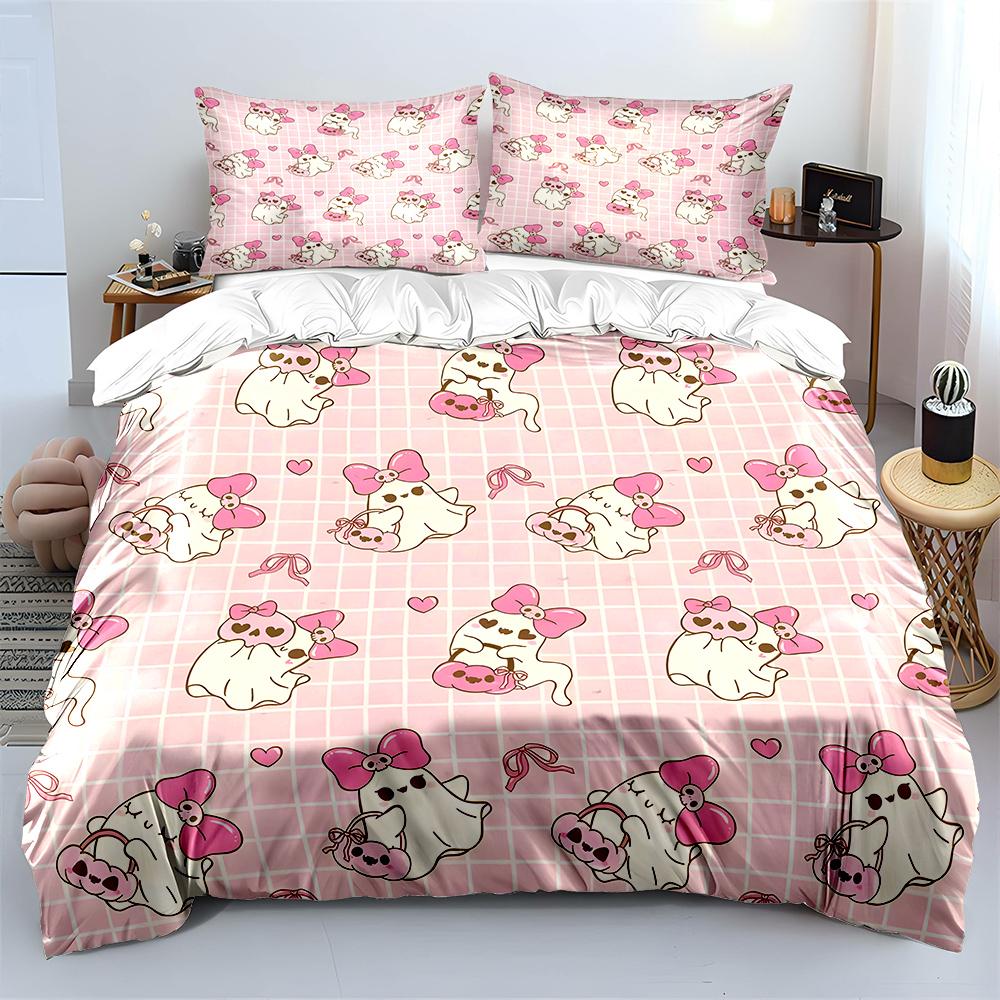 Pink Bow Ghost Cartoon Pattern Duvet Cover Set Digital Print Colorful Polyester Bedding with Zipper Closur for Kids Gifts