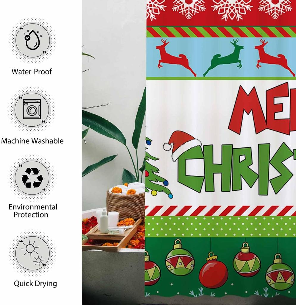 Christmas Shower Curtain Set - Holiday Bell/Christmas Tree/Snowflake Design, Waterproof Fabric, Winter Bathroom Decoration