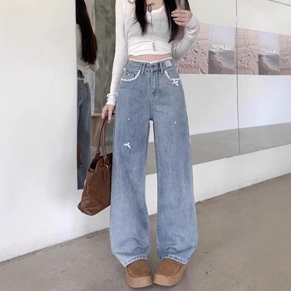 

Plus Size Bow Decor Wide-Leg Jeans - Spring/Autumn Collection L