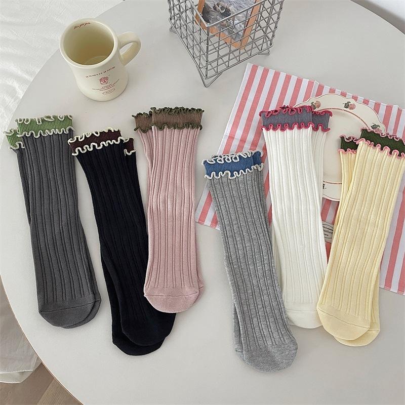 Contrasting Color Fungus Edge Socks Women'S Style Retro Sweet Color Matching Double-Layer Luo Kou Pure Cotton Crimped Medium Tube Socks