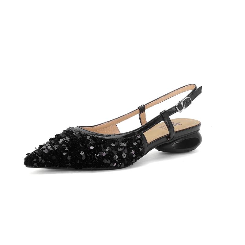 Fashion 2024 Women's New Nightclub Pointed Shining Metal Elastic Buckle Leather Cowhide Comfortable Low Heel Large Headed Muller Sandals