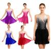 Women‘s Ice Skating Performance Dress: Rhinestone Embellished Sleeveless Mesh Dress with Secure Crotch Buttons for Competitions