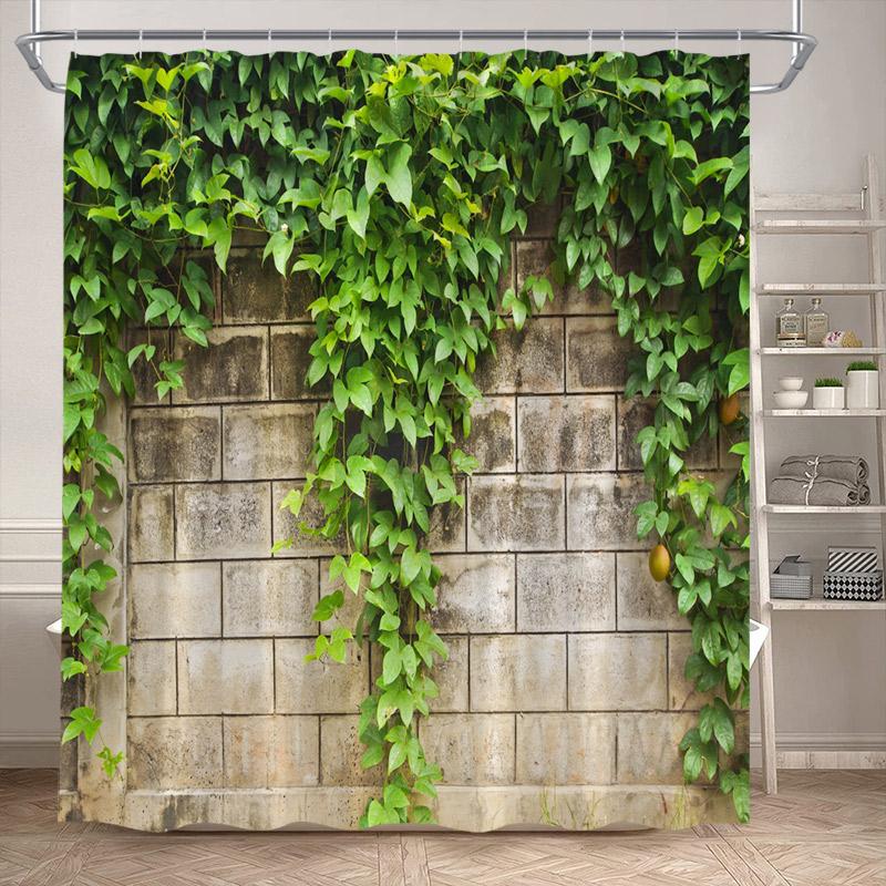 Vintage Brick Wall Green Leaves Shower Curtains Rustic Vine Plant Leaf Grey Stone Polyester Fabric Bathroom Curtain Decorative