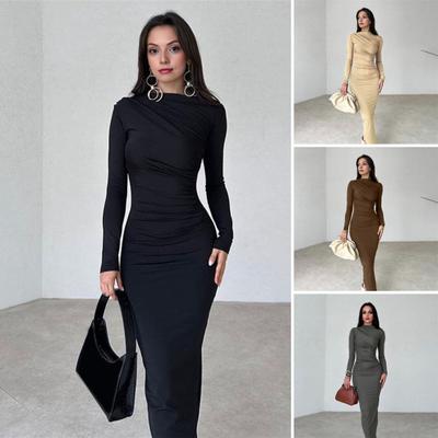 Bodycon-Kleid für Damen Mock-Neck Langarm Midi-Kleid gerafft Slim