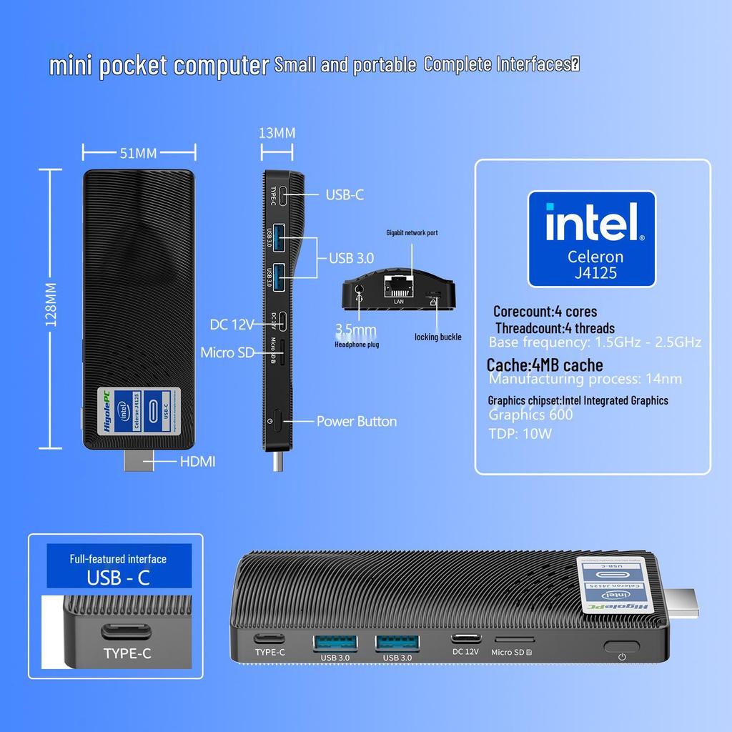 PCSTICK Mini Host: 4K HD Video Game Mini PC J4115