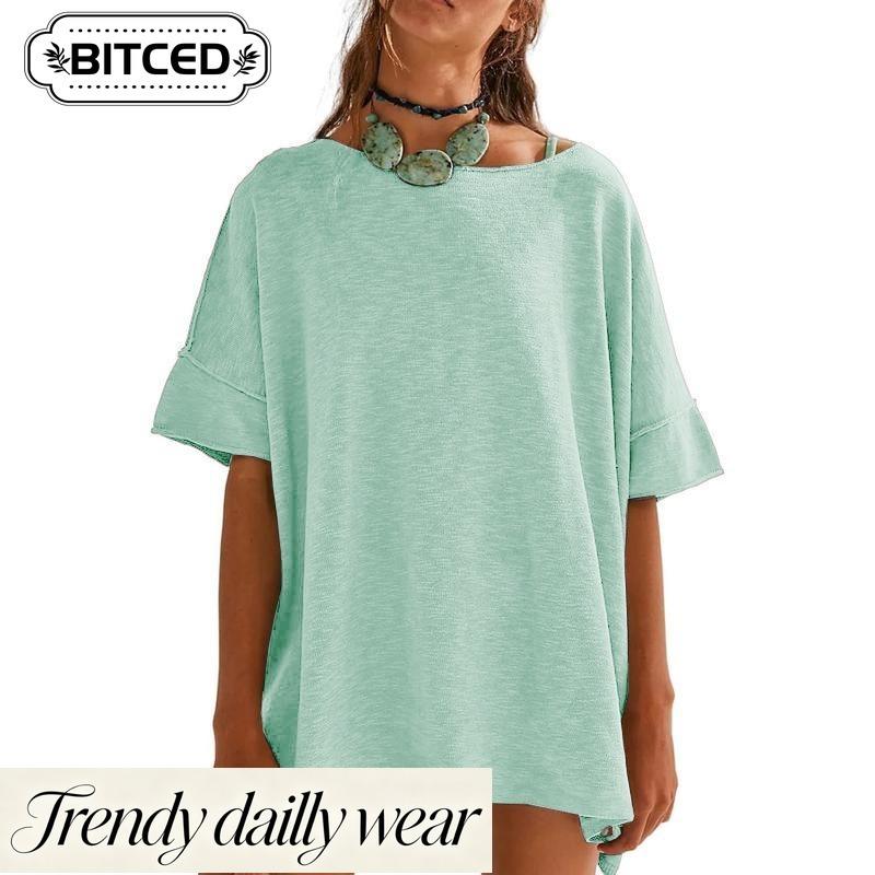 BITCED Damen Mode Lässig Einfarbiger Druck 1/2 Ärmel Rundhals Blusen & Hemden