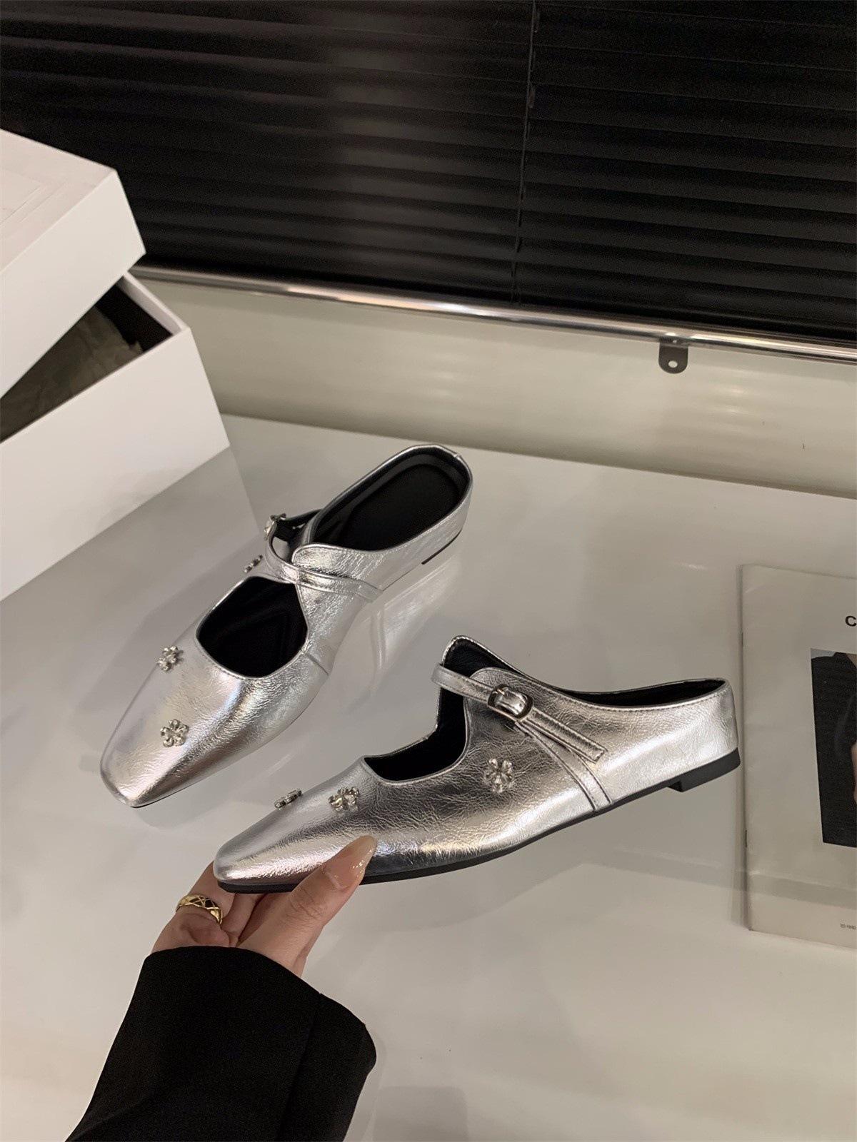 

Внутренний каблук, сумка со стразами серебристого цвета, полушлепанцы, женская обувь, для улицы, весна-лето 2025, туфли Мэри Джейн, одинарная обувь 40 серебряный