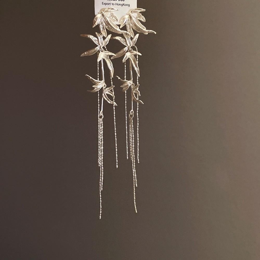 Chinese Ancient Style Long Tassel Dangle Earrings Zinc Zinc Alloy Ear Jewelry Bamboo Leaf Earrings Women