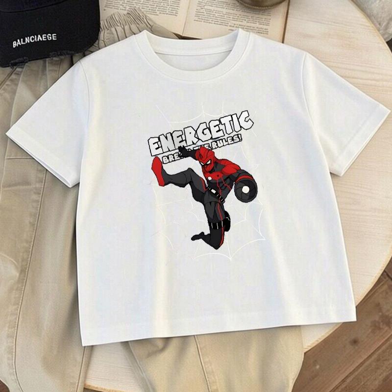 Kids Summer Crew Neck Short Sleeve T-Shirt with Cartoon Spider Hero Print 110 белый