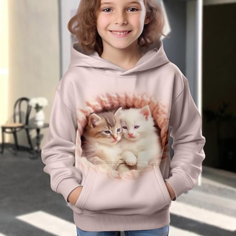 Girls' 3D Cat Hoodie Pullover Long Sleeve 3D Print Fall Winter Active Fashion Cute Polyester Kids 3-12 Years Outdoor Casual Daily Regular Fit