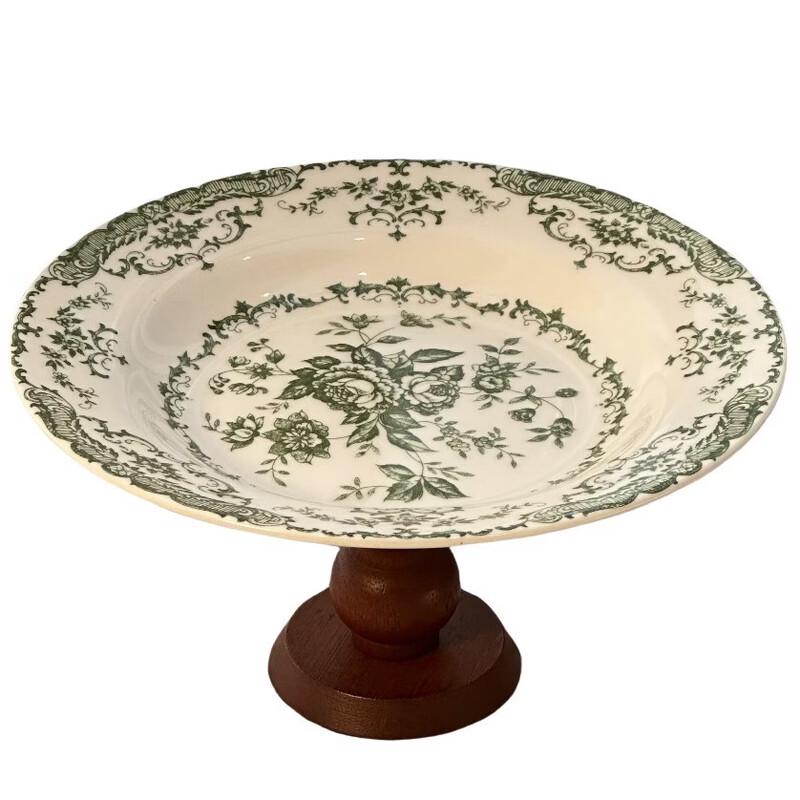 Ruhan Ceramic Light Luxury High-Footed Fruit/Soup Plate with Wooden Base