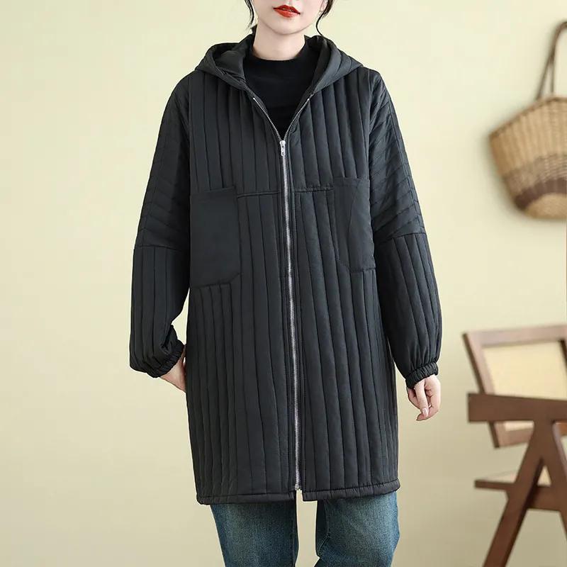Winter Plus Size Hooded Mid-length Cotton-padded Jacket, Fashion Cotton-padded Jacket, Loose Western Style, All-match Ladies