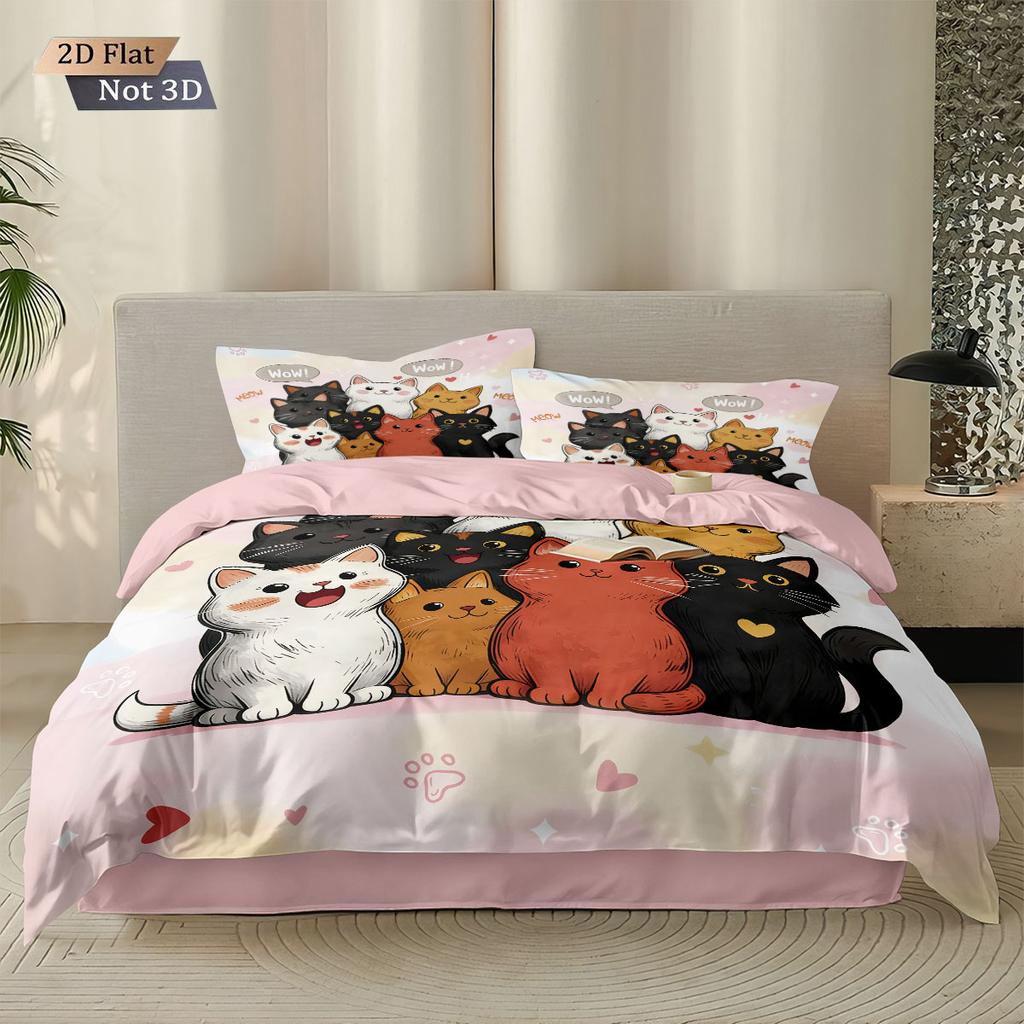 3pcs Cartoon Cute Cat Printed Coreless Down Duvet Cover Set, Multi Size Bedroom Bedding Decoration, Machine Washable