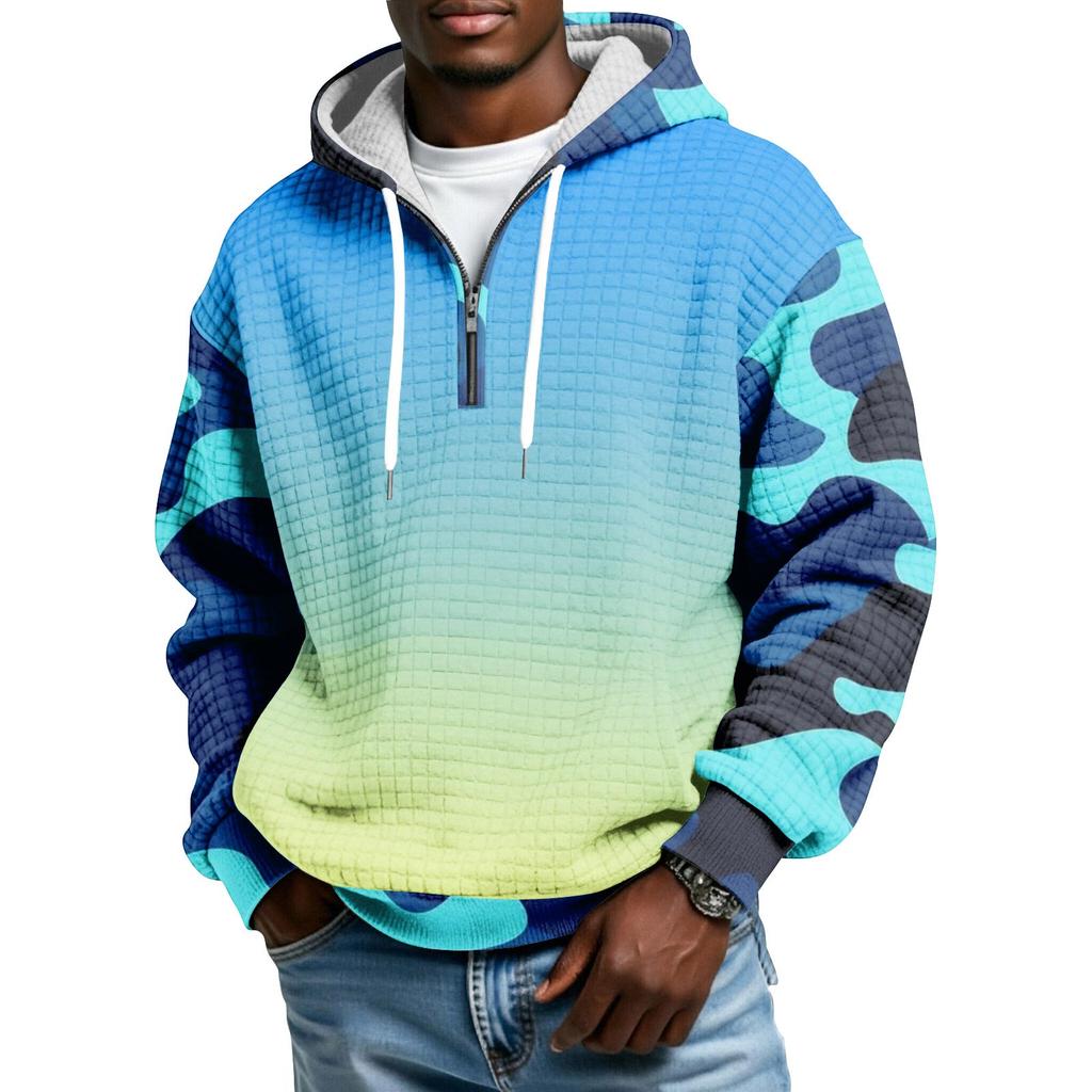 Sudadera Deportiva Casual para Hombre con Capucha y Media Cremallera a Cuadros con Cordón y Estampado