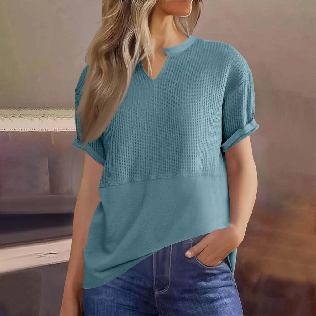 Womens  Knit Tops Casual V Neck Short Sleeve T Shirts Loose Blouses