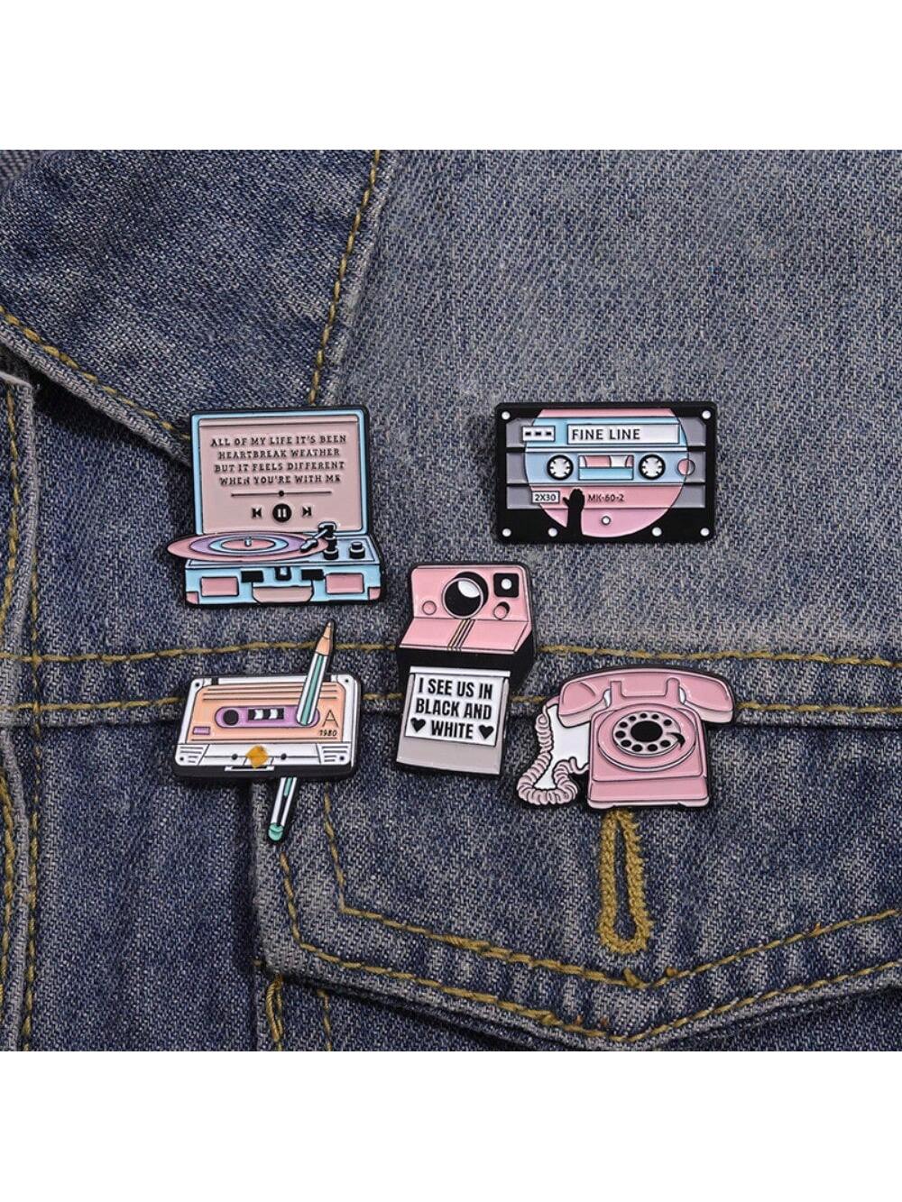 

5 children s cute and creative cartoon tapes, phone recorders, camera designs, brooches, daily outfits, bags, and metal badges
