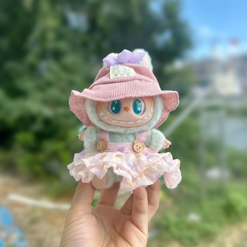 17cm Labubu Doll Outfit with Pleated Skirt Flower Hairpin and Baseball Cap Hat Set Labubu Clothing Accessories