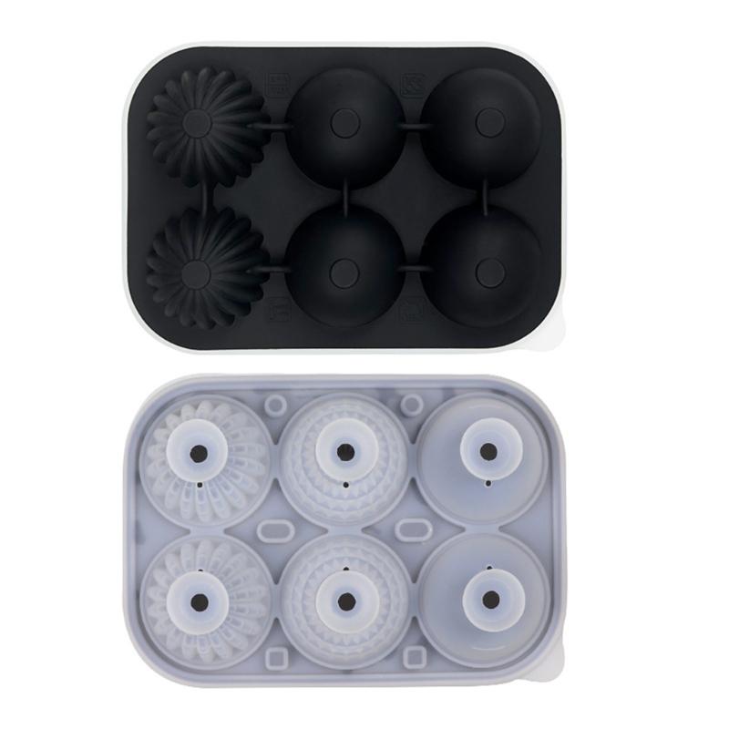 Large Round Ice Cubes Tray Silicone Efficient 6 Cavity Mould With Lid Funnel Safe Ice Mould For Home Pubs Cocktails чёрный