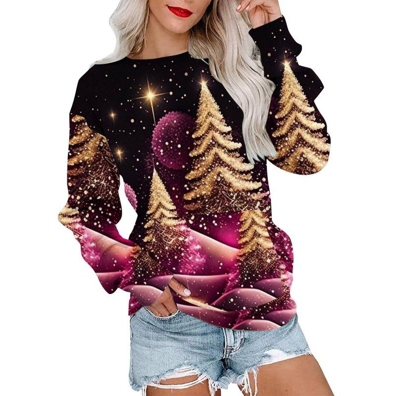 Autumn Winter Fashion Christmas Series Christmas Tree Elk Printed Pocket Round Neck Hoodie