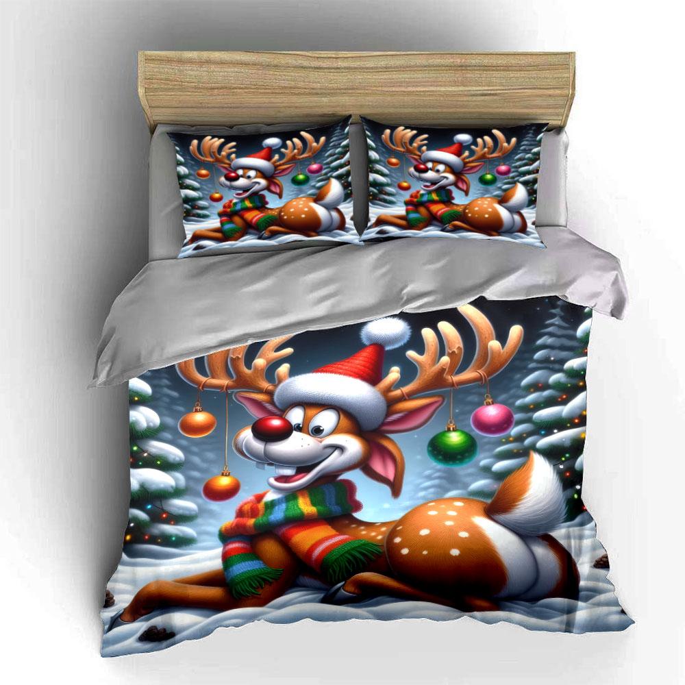 Festive Reindeer with Scarf Bedding Duvet Cover Set (1*Duvet Cover 2*Pillowcases, without duvet insert)