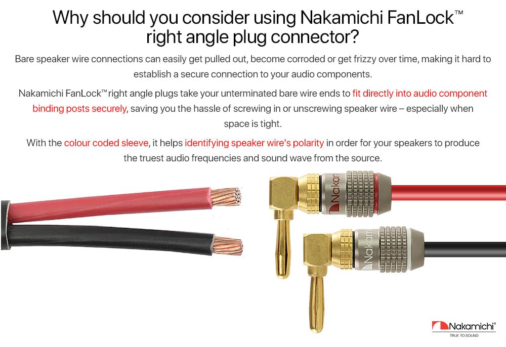 Nakamichi FanLock Excel Series 24k Gold Plated Right Angle Banana Plugs 10 AWG 18 AWG Gauge Size 4mm for Speaker Amplifier Stereo Home Theater Radio