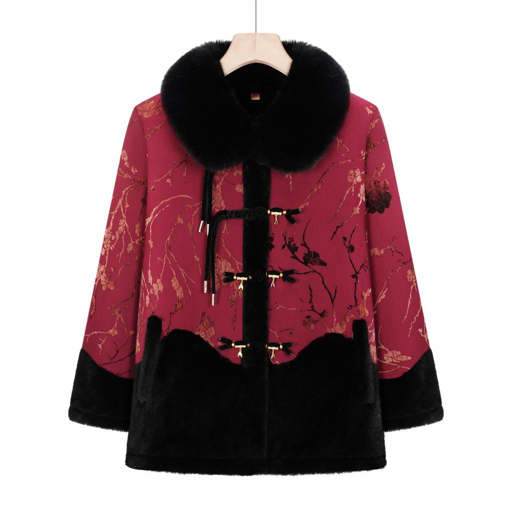Plush Lined Winter Jacket with Fur Collar for Middle-aged and Senior Women