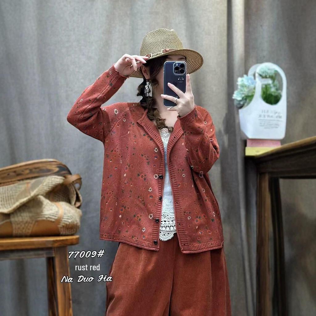 Autumn New Arrival: Women's Retro Floral Loose Knit Cardigan - Artistic Casual Long Sleeve Round Neck Top