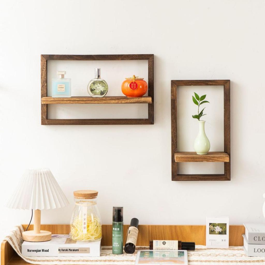 Square Solid Wood Floating Wall Shelf for Living Room - Creative Wooden Photo Frame & Ornament Display