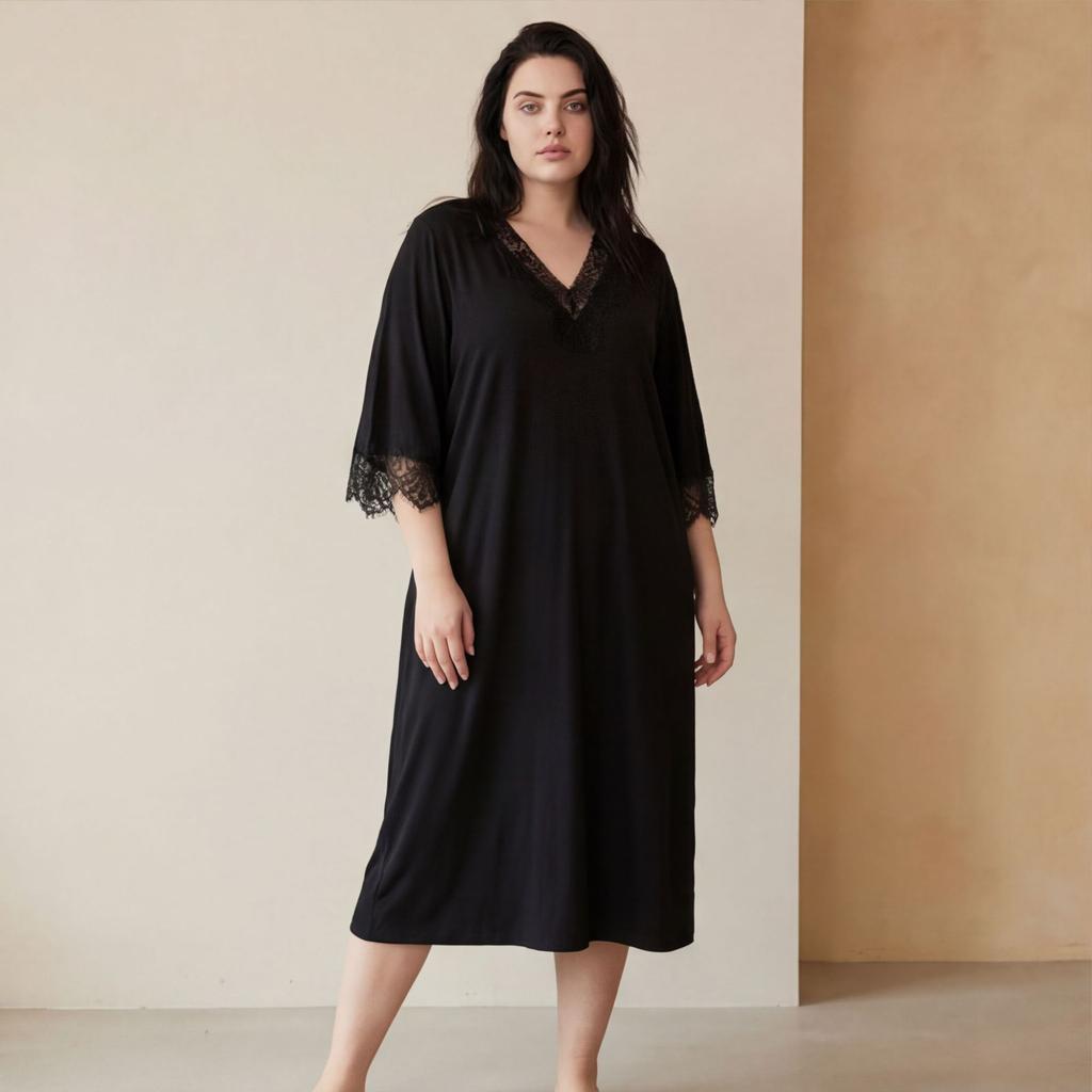 European and American large size solid color lace medium sleeve nightdress loose home dress sexy simple women's pajamas spring and summer