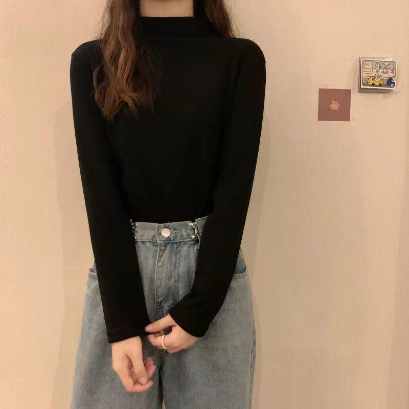 

Женская флисовая футболка облегающего кроя с полувысоким воротником - Корейский стиль, Плотная, С длинным рукавом, Теплый осенне-зимний базовый слой. 3XL (145-160 Jin)