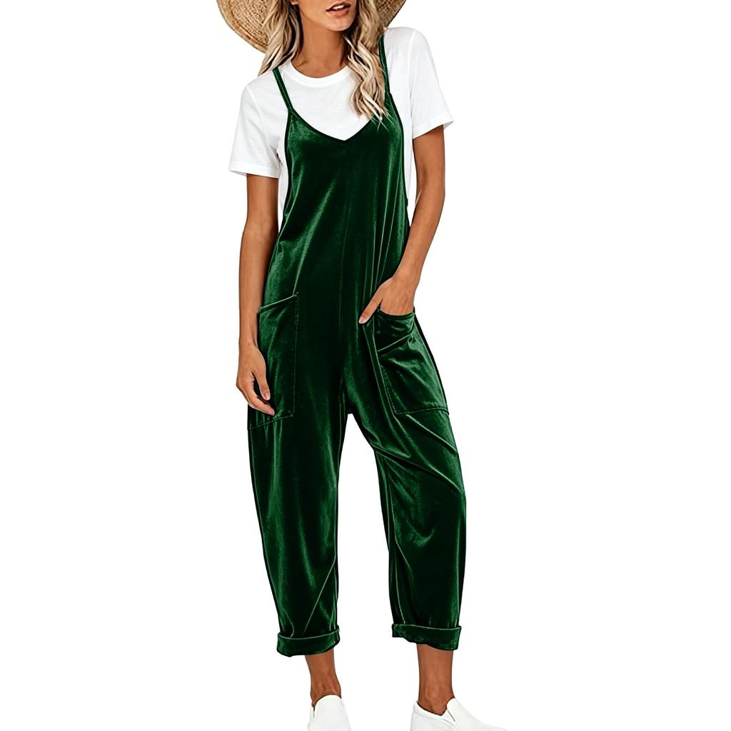Women's V-Neck Sleeveless Color Jumpsuit with Large Pockets Loose Fit Casual