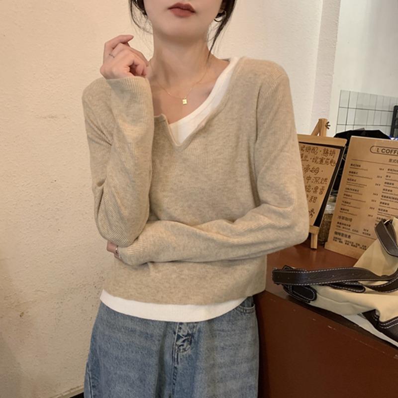 Spring New Design Sense Lazy Wind Fake Two-piece Neck Knitted Sweater Women's Casual and Thin Commuter Primer