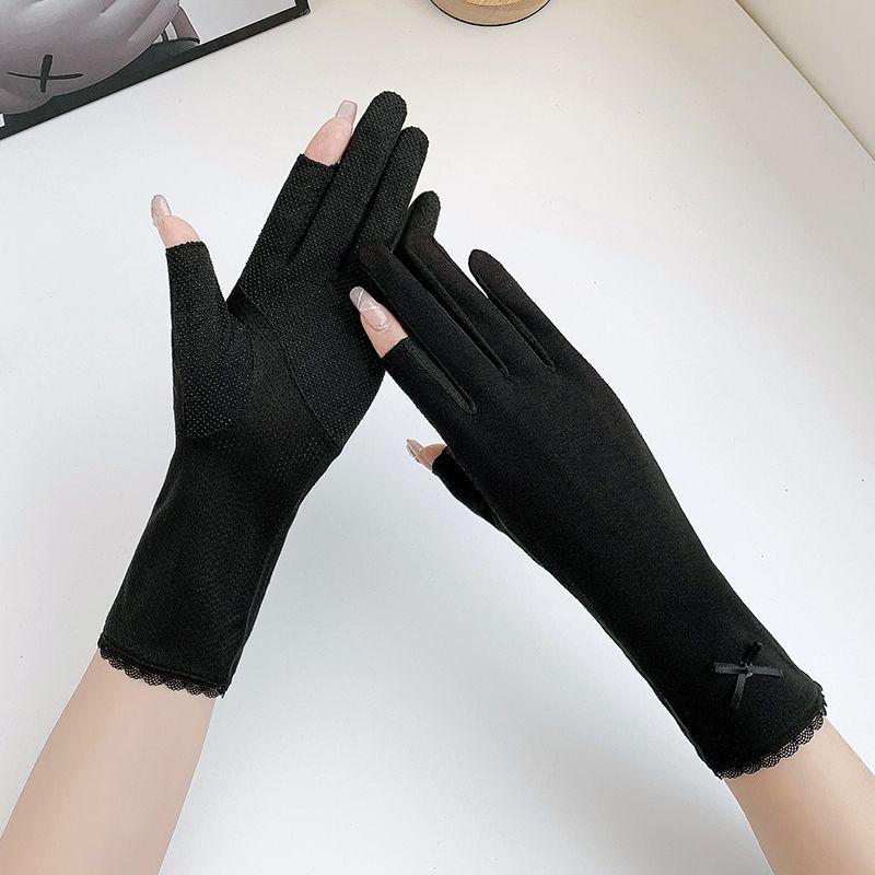 

Летние перчатки для защиты от солнца при вождении для женщин, тонкие хлопковые, защита от УФ-лучей, средней длины, для езды на велосипеде, нескользящие, дышащие, с открытыми половинами пальцев, сенсорные Pure color Long Bows-Two Finger-Black One size