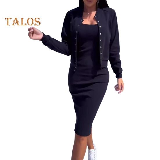 

2 шт./комплект женский пальто платье комплект однобортный воротник стойка длинный рукав куртка облегающее платье-комбинация осеннее платье миди комплект с пиджаком OL езда на работу офис M чёрный