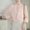 [SYitong] Women's Long-Sleeved Plain Blouse, Stylish, Washable, Collarless, White/Pink, Lined, Business/Office Wear, Cute, Popular, Perfect for Dates,