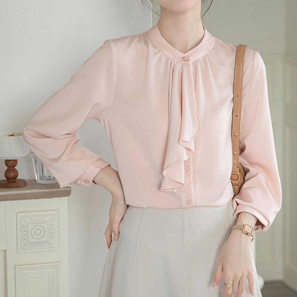 [SYitong] Women's Long-Sleeved Plain Blouse, Stylish, Washable, Collarless, White/Pink, Lined, Business/Office Wear, Cute, Popular, Perfect for Dates,
