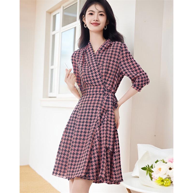 Xinfeyu Women s Pink Plaid V-Neck Tie-Waist A-Line Dress M