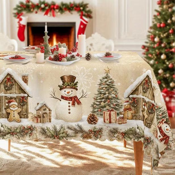 Vintage Winter Wonderland Christmas Tablecloth with Santa Reindeer & Snowman Patterns - Rectangular Table Cover